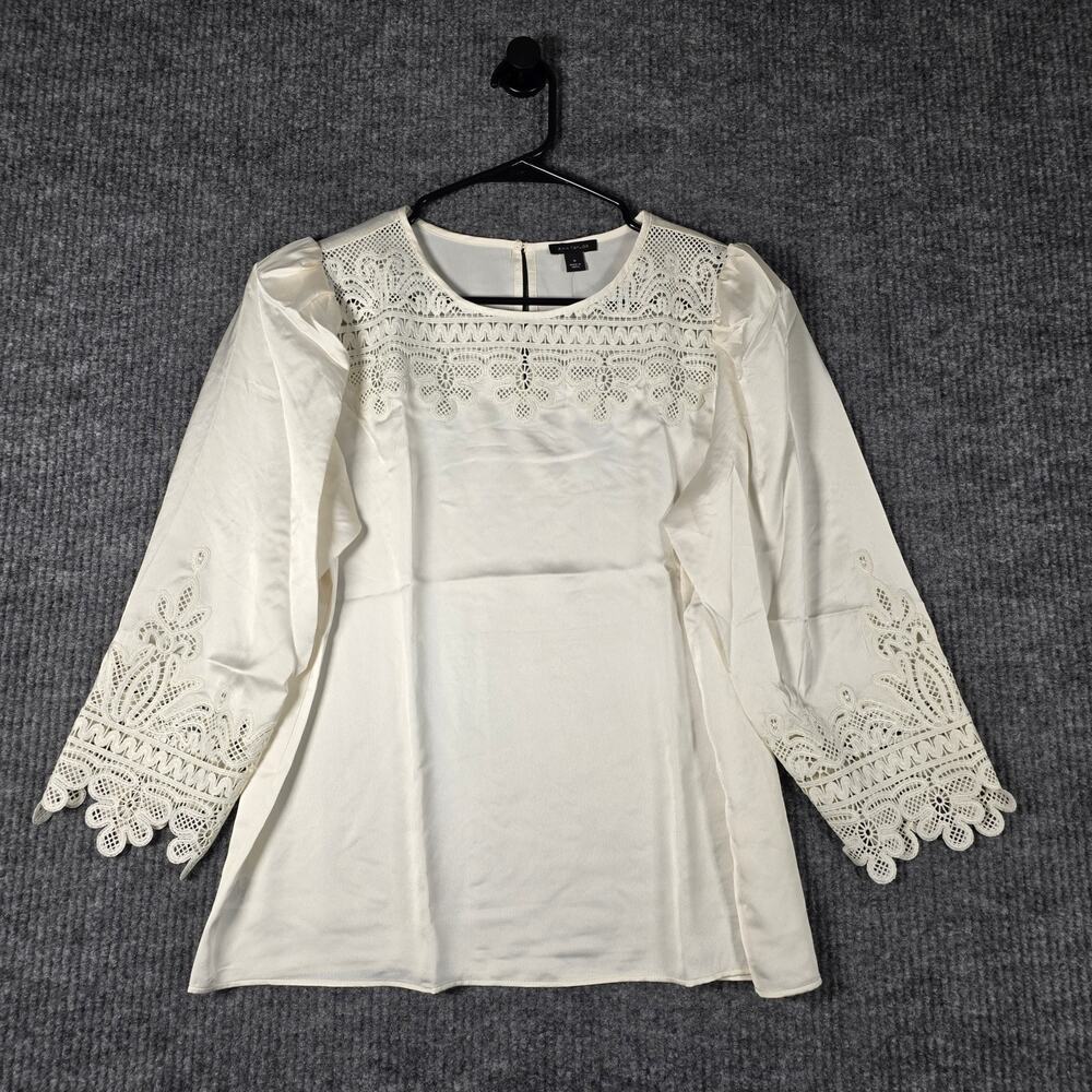 Ann Taylor NWT Ivory Lace Trim Blouse Top Medium 3/4 Sleeve Boho